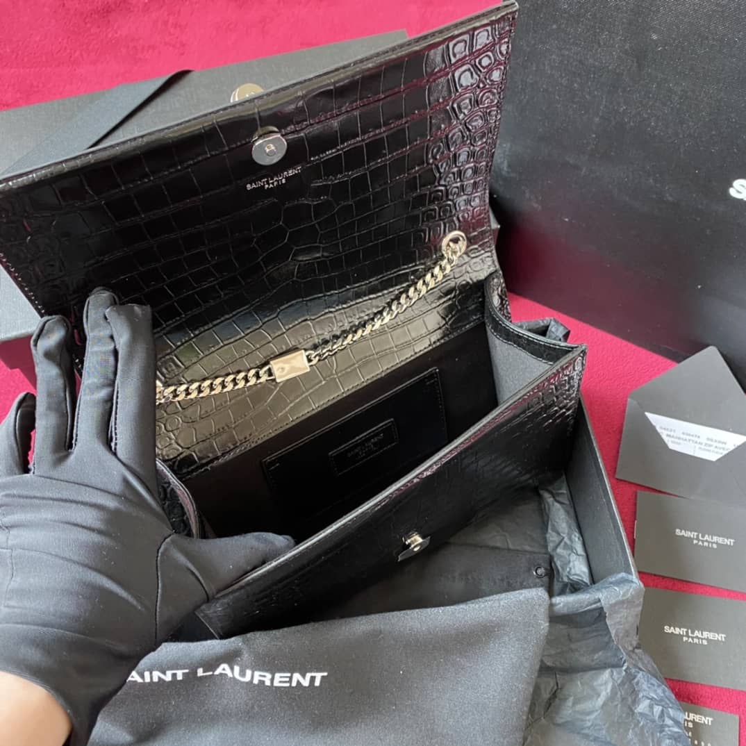 YSL Monogram Kate Tassel Embossed Crocodile Shiny Leather Cohotbag