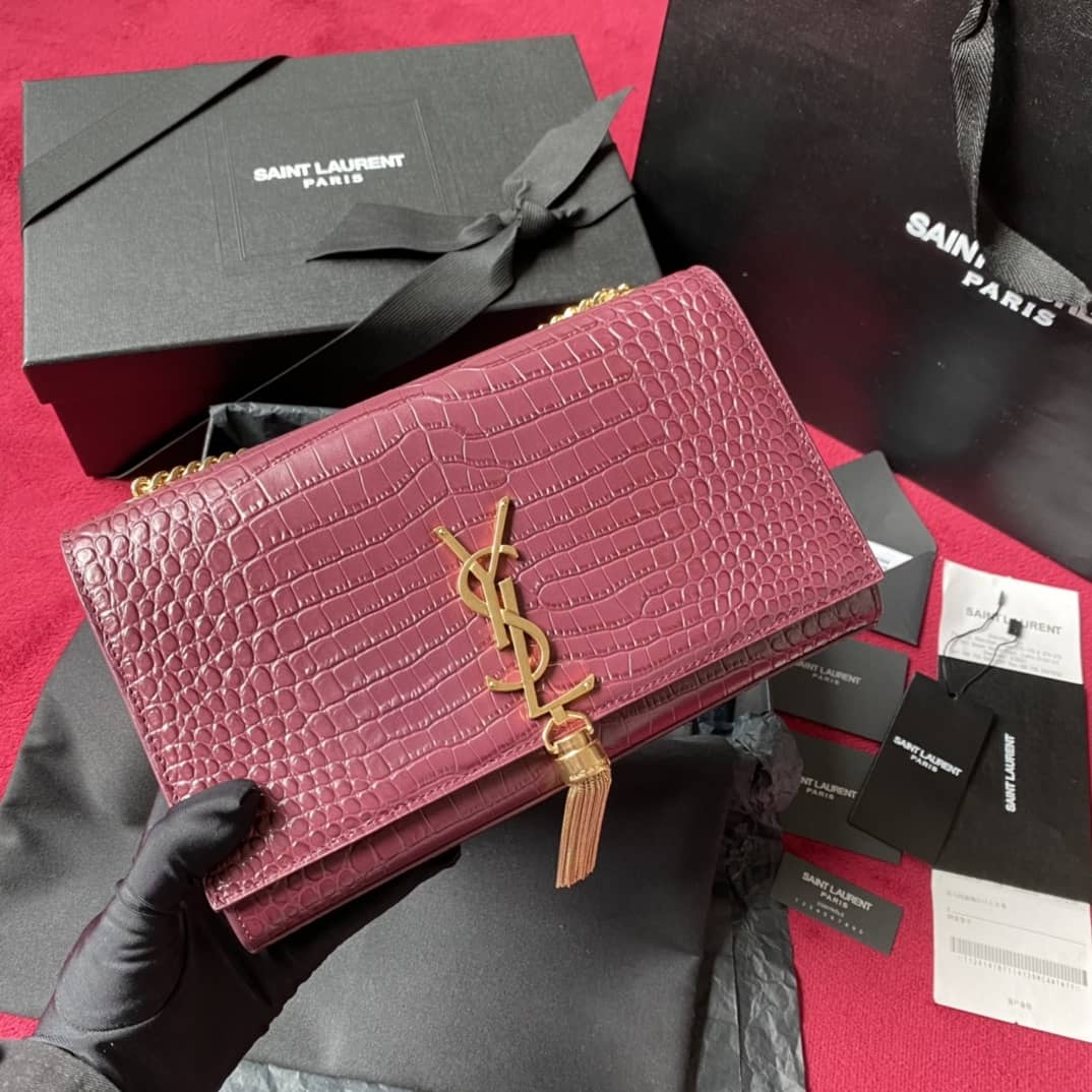YSL Monogram Kate Tassel Embossed Crocodile Shiny Leather Cohotbag