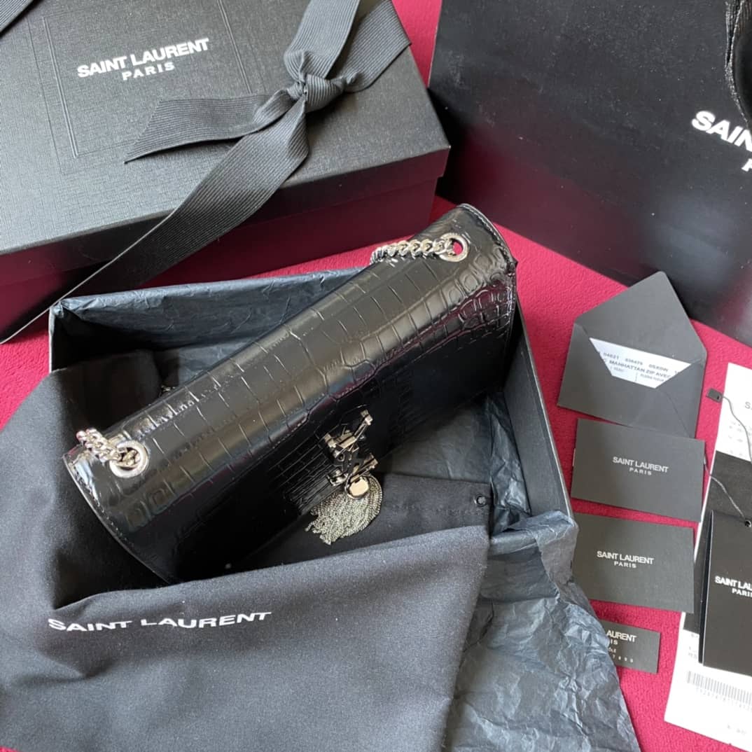 YSL Monogram Kate Tassel Embossed Crocodile Shiny Leather Cohotbag