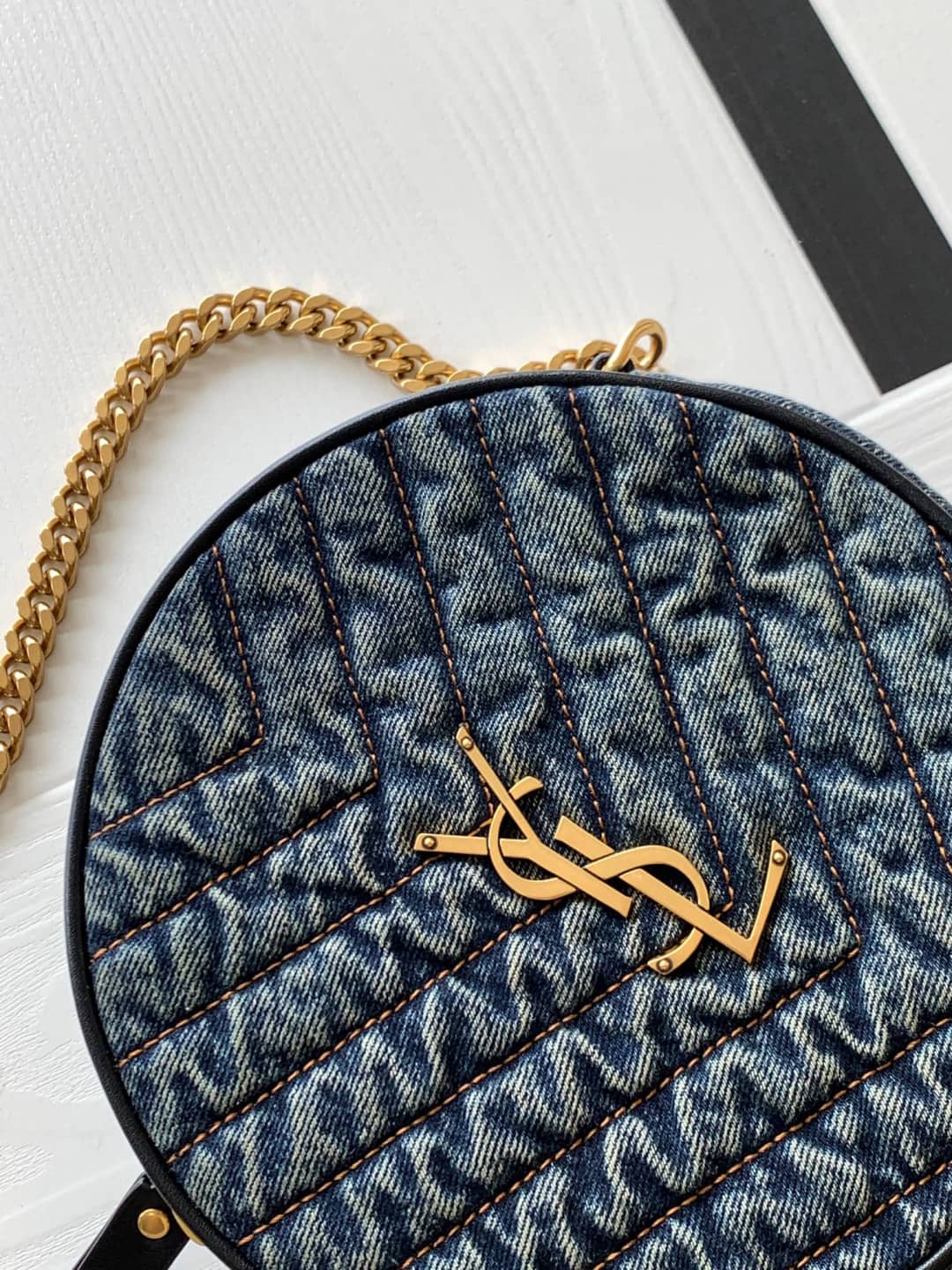 Saint Laurent YSL Vinyle Denim Quilted Round Bag