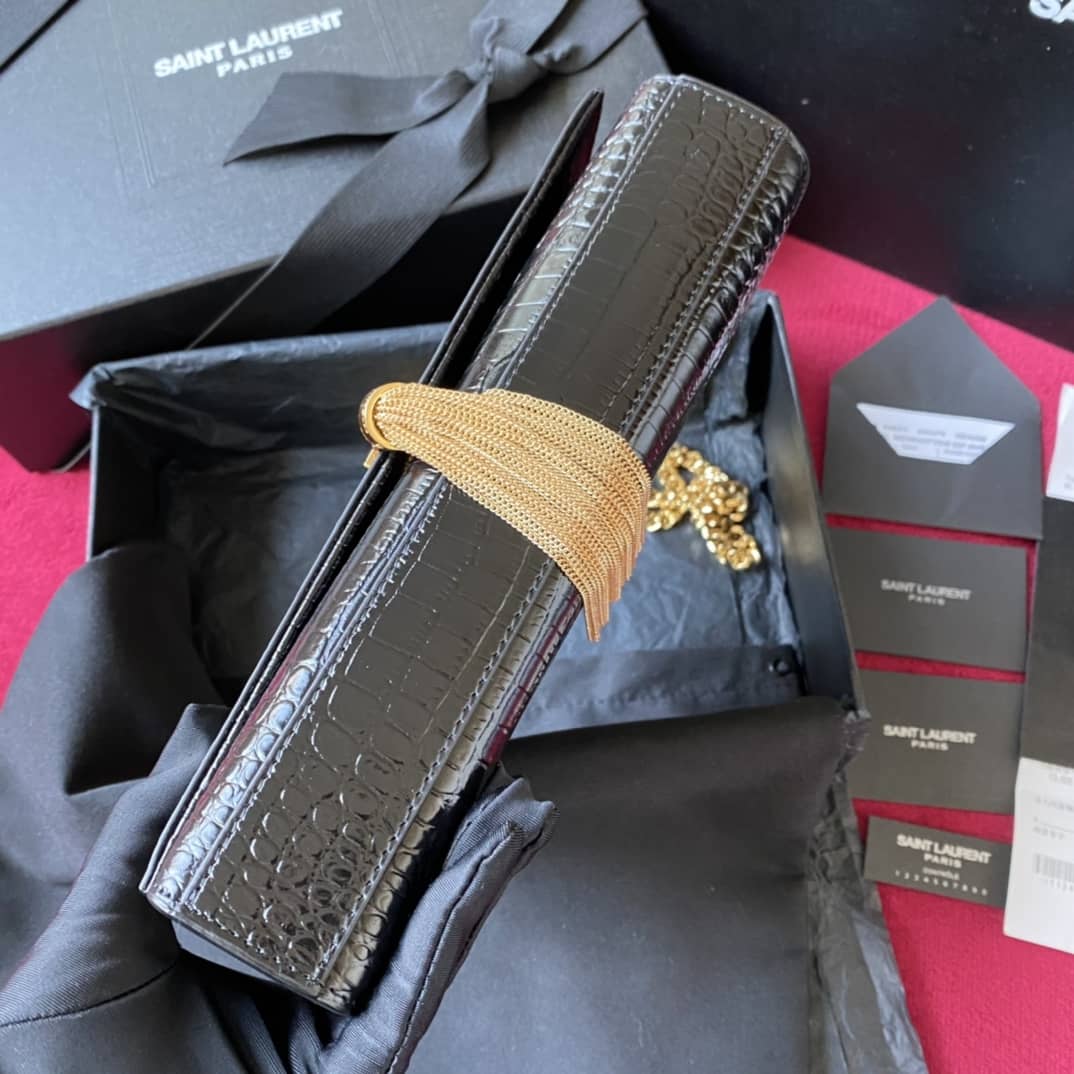 YSL Monogram Kate Tassel Embossed Crocodile Shiny Leather Cohotbag