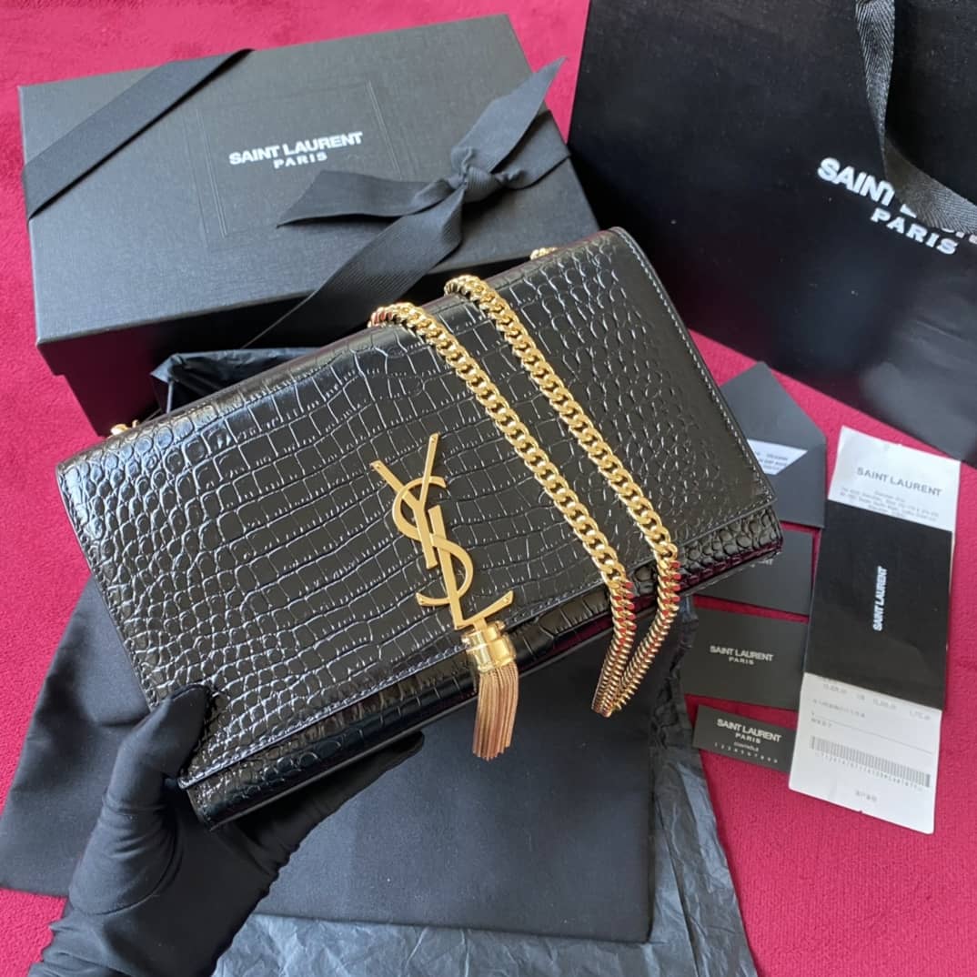 YSL Monogram Kate Tassel Embossed Crocodile Shiny Leather Cohotbag
