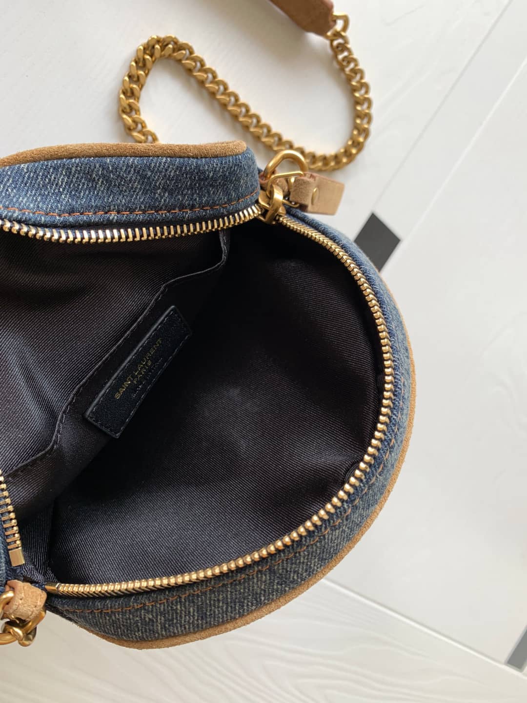 Saint Laurent YSL Vinyle Denim Quilted Round Bag