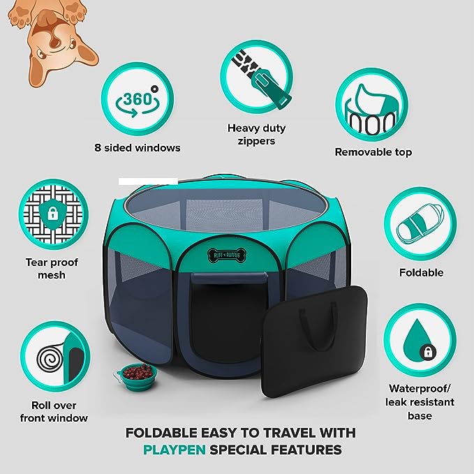 Ruff 'n Ruffus Portable Foldable Pet Playpen + Free Carrying Case + Free Travel Bowl | Available in 3 Sizes Indoor/Outdoor Water-Resistant Removable Shade Cover