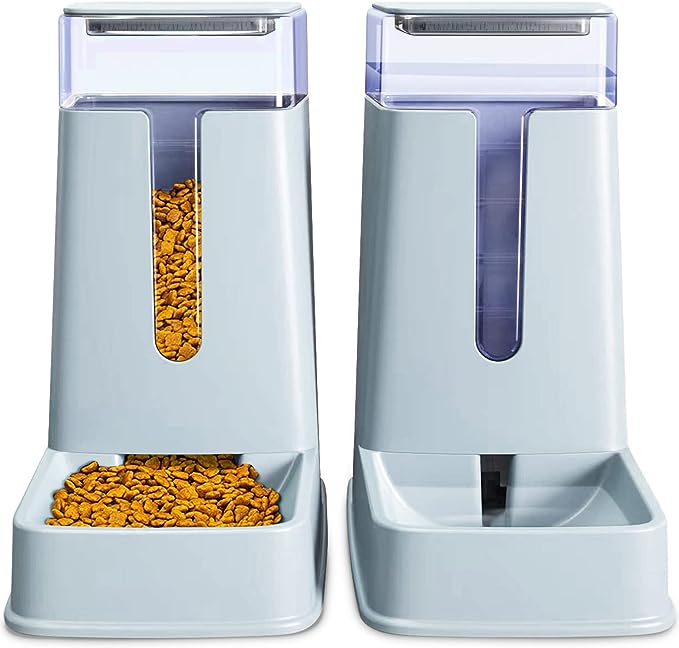 Automatic Cat Feeder and Water Dispenser in Set 2 Packs 1 Gallon for Small Medium Big Dog Pets Puppy Kitten (White)