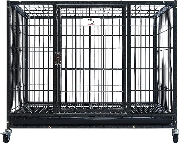 Homey Pet 37 inch Heavy Duty Dog Crate, Extra Strong Dog Cage for Medium Dog, Indoor High Anxiety Double Door Dog Crate on Wheels with Removable Tray