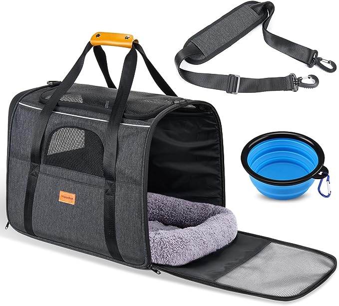 Pet Travel Carrier Bag, Morpilot Portable Pet Bag - Folding Fabric Pet Carrier, Travel Carrier Bag for Dogs or Cats, Pet Cage with Locking Safety Zippers, Foldable Bowl, Airline Approved