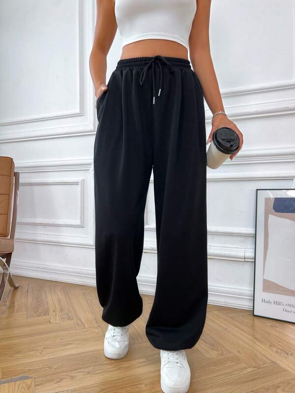 Solid Drawstring Waist Slant Pocket Sweatpants