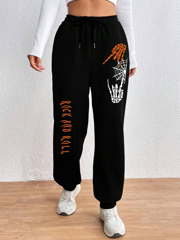 Halloween Skeleton Hand & Letter Graphic Drawstring Waist Sweatpants