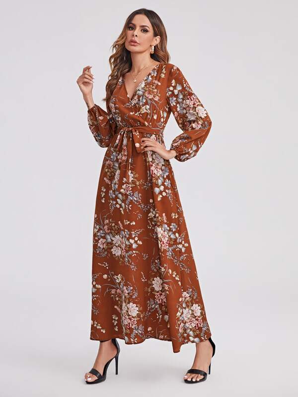 Clasi Surplice Neck Self Belted Botanical Print Dress