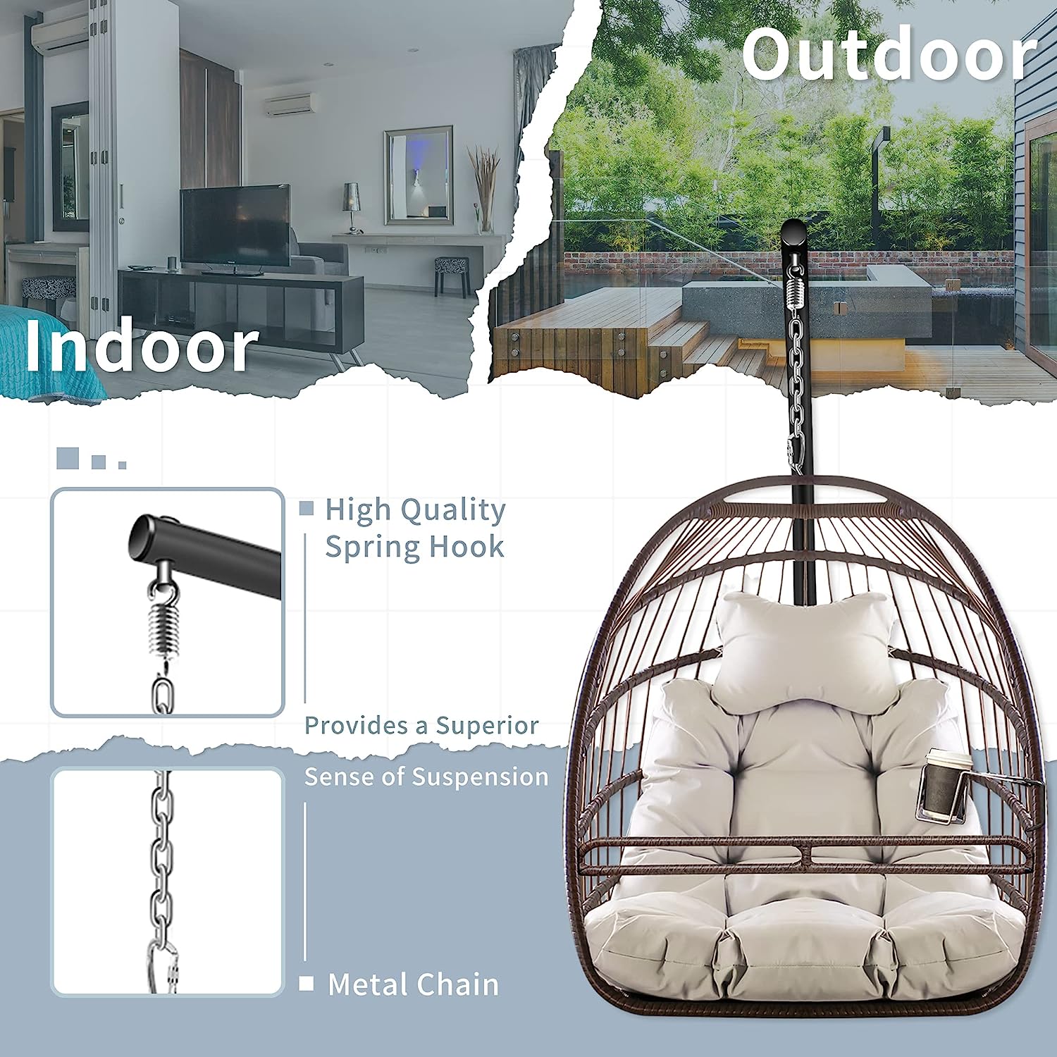 Olela Wicker Egg Swing Chair with Stand Indoor Outdoor,Hanging Egg Chair with Cushion and Pillow,Basket Chair for Bedroom,Living Room or Patio Garden (Natural-Round Base)