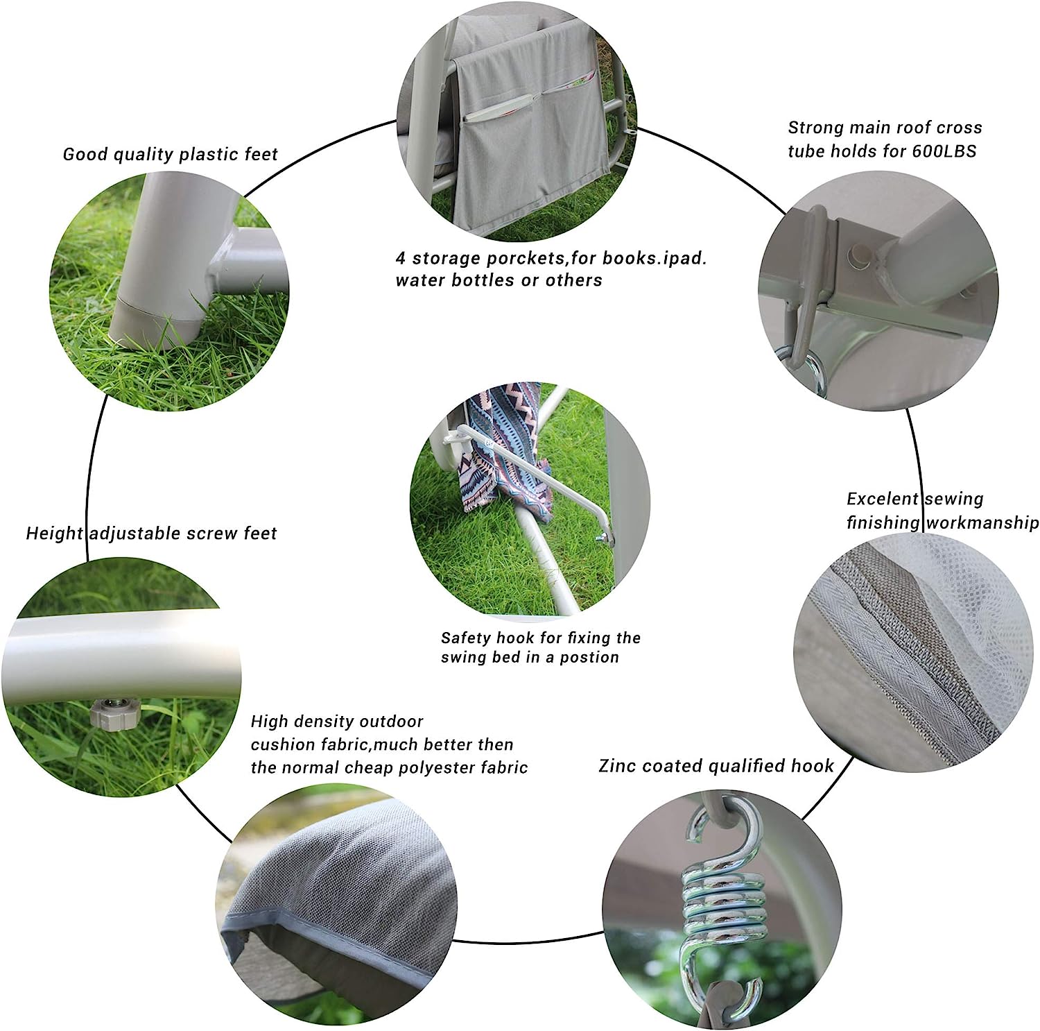 3-Seater Outdoor Convertible Canopy Swing Chair Bench Bed with Comfortable Cushion Seats for Patio Porch Garden