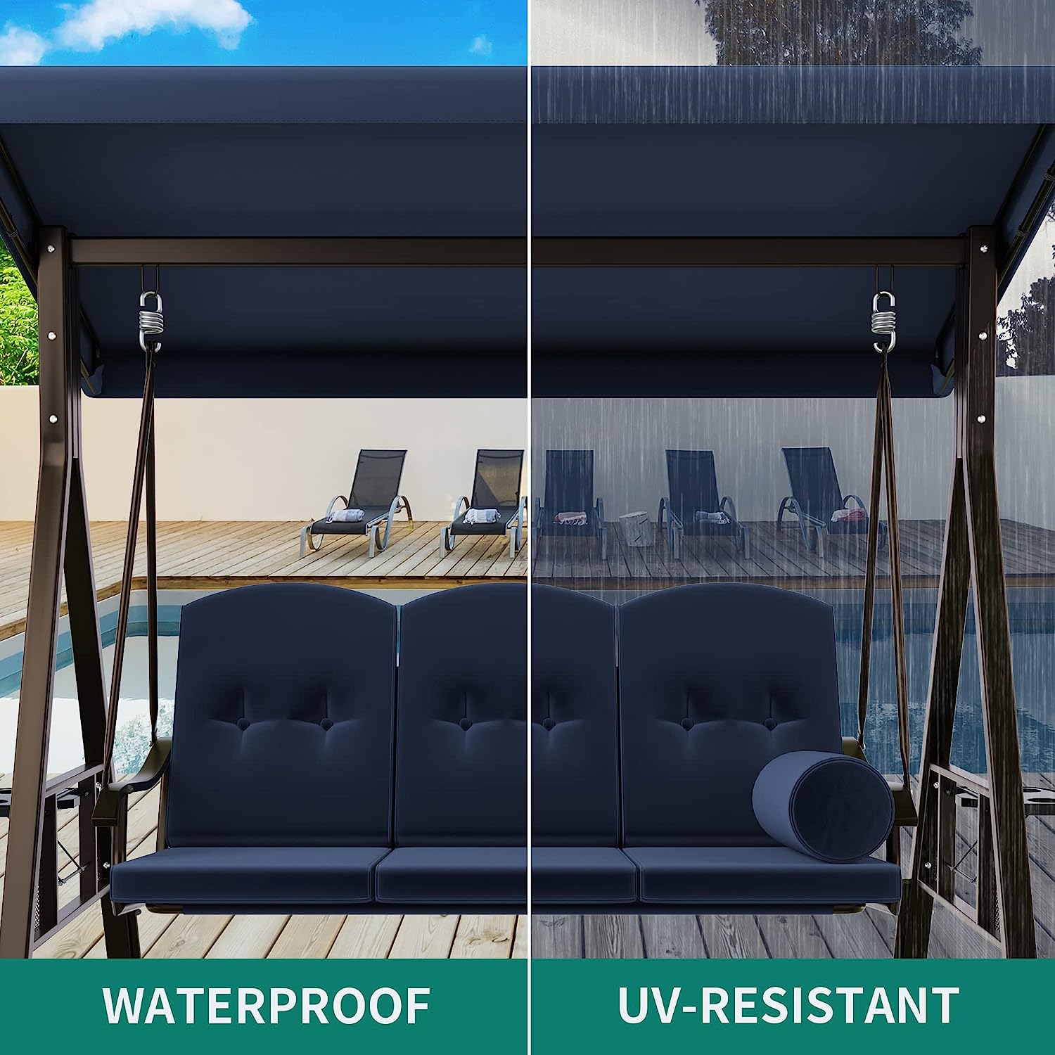 YITAHOME 3-Seat Deluxe Porch Swing Outdoor Heavy Duty Patio Swing Chair with Adjustable Canopy Removable Cushions Weather Resistant Steel Frame Suitable for Garden, Lawn, Backyard, Balcony, Navy Blue