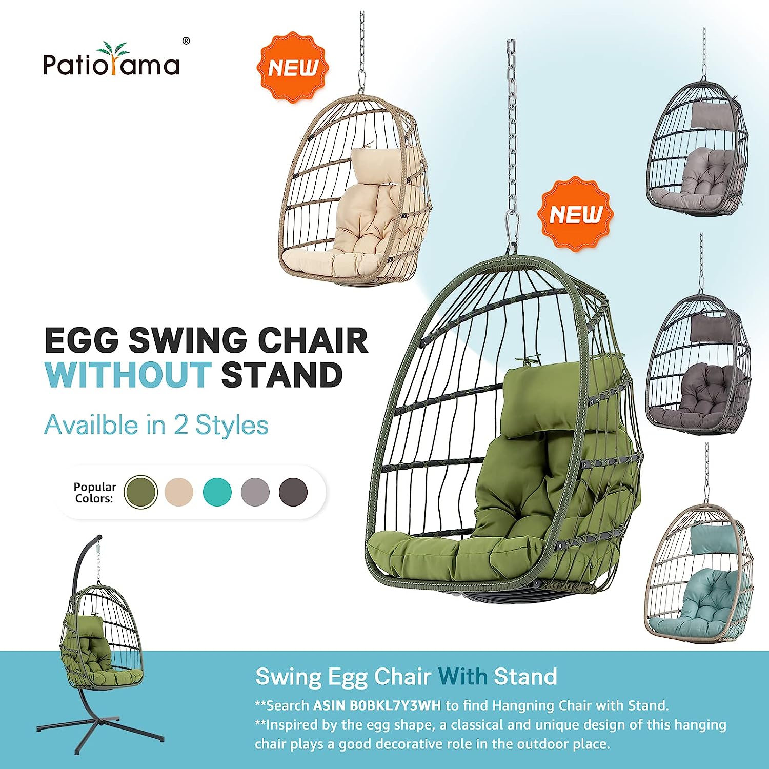 Patiorama Indoor Outdoor Egg Swing Chair with Stand, Patio Grey Wicker Rattan Hanging Chair with Rope Back, Cushion,Cover,All Weather Foldable Hammock Chair for Bedroom, Garden (Light Grey)