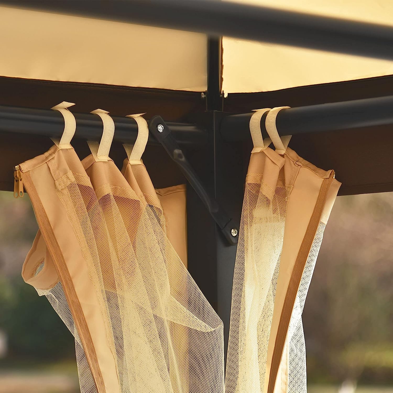 Campfun Outdoor Gazebo Swing, 3-Seat Patio Swing Chair, Outdoor Swing Bed, Outdoor Swing with Canopy, Netting Curtains, Side Trays, Canopy Swing for Garden, Poolside Backyard - 8.9x5.9 Ft, Beige