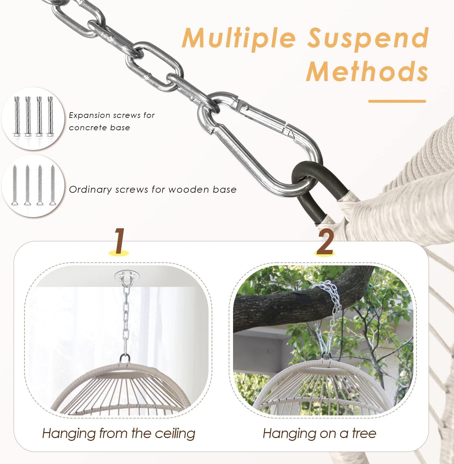 NICESOUL Hanging Egg Chair Without Stand PE Wicker Swing Hammock Egg Basket Ceiling Chairs with Cushions 265lbs Capaticy for Bedroom Living Room Patio Backyard Balcony (Brown)