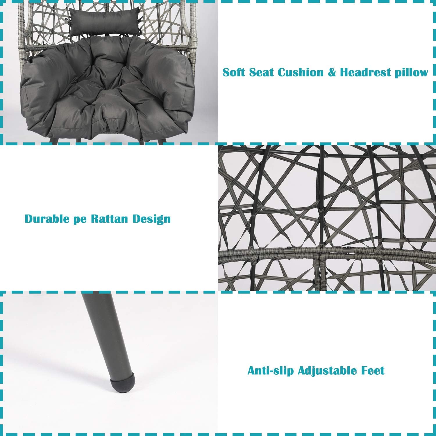 LAZZO Swing Egg Chair, Rattan Hanging Chair, Indoor & Outdoor Hammock Chair with Seat Cushion & Pillow for Patio Porch Lounge Bedroom