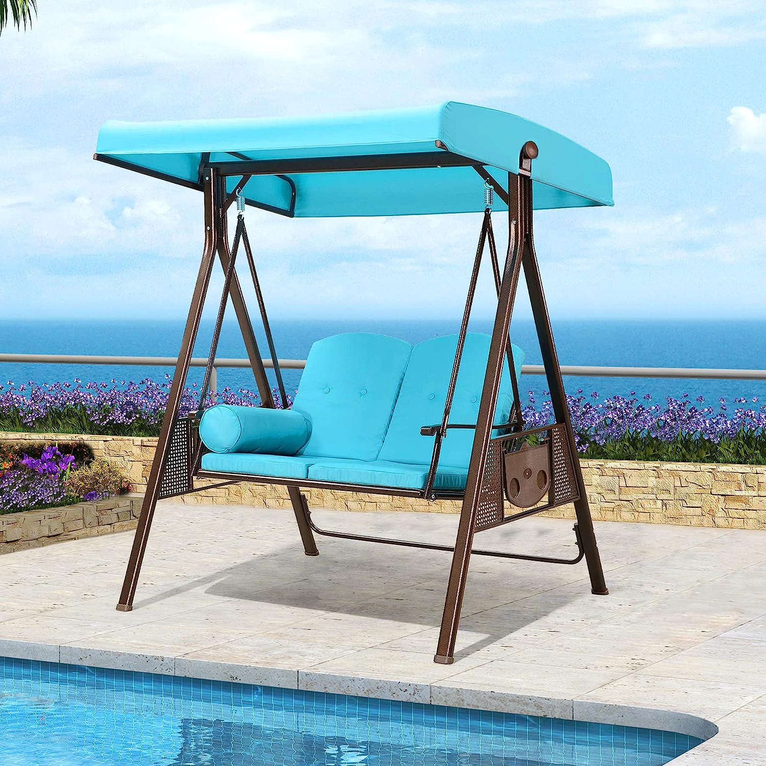 PURPLE LEAF 3-Seat Deluxe Outdoor Patio Porch Swing with Weather Resistant Steel Frame, Adjustable Tilt Canopy, Cushions and Pillow Included, Beige