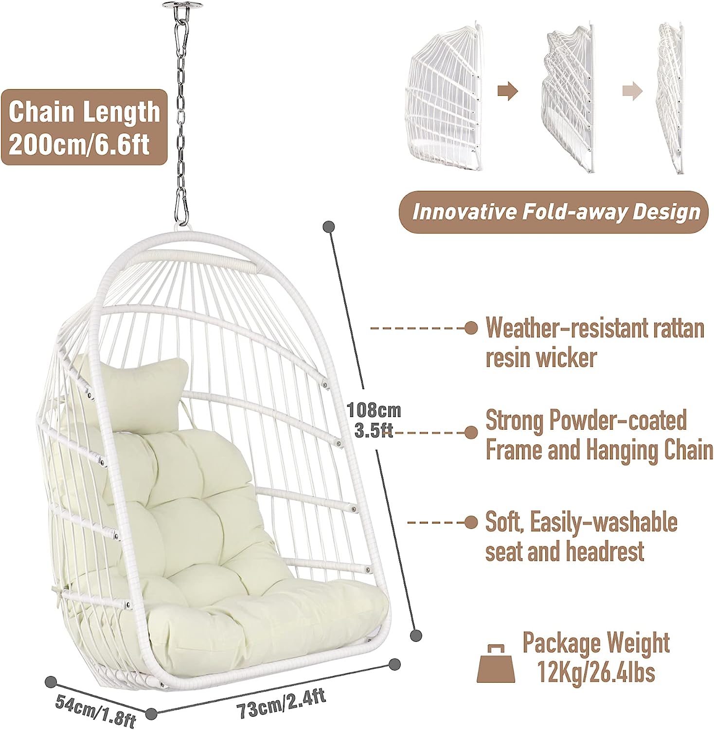 Chihee Egg Chair Foldable Wicker Rattan Hanging Chair Swing Chair Indoor Outdoor Patio Wicker Chair Hammock Chair with Stainless Steel Hanging Kit Chain Link UV Resistant Cushion Bedroom Balcony