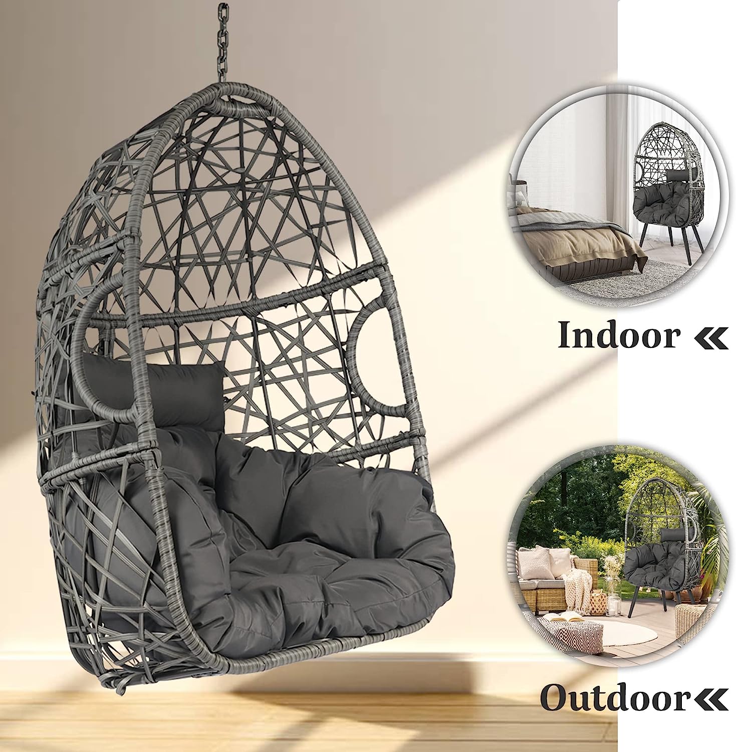 HOPUBUY Hammock Chair Egg Chair with Stand, Hanging Chair with Cushion and Pillow, Rattan Egg Swing Chair for Outdoor Indoor Bedroom, Porch, Balcony, Tree (C-Stand not Included)