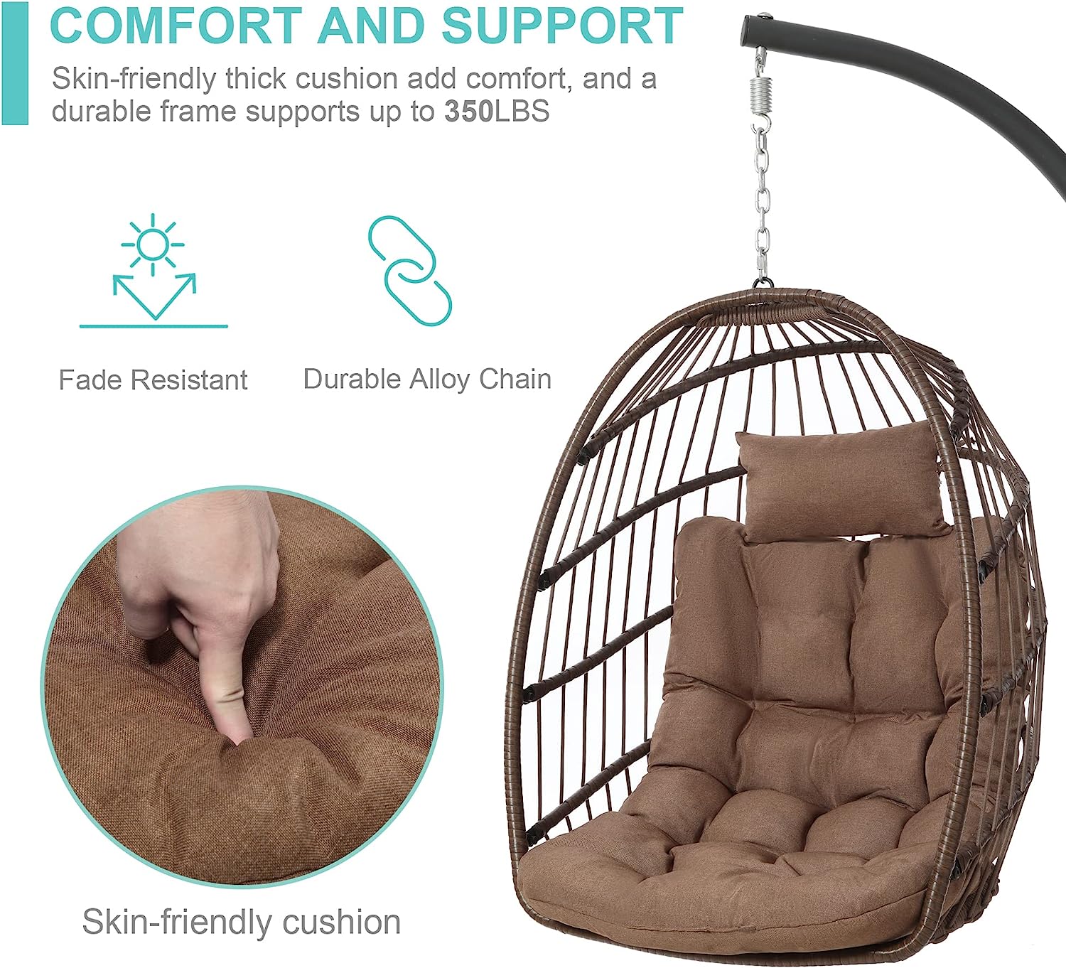 SWITTE Hanging Egg Chair with Stand, Egg Swing Hammock Chair with Stand, Indoor Outdoor Wicker Egg Chair with Cushion Headrest for Patio Bedroom Porch Garden, 350LBS Capacity(Dark Grey)