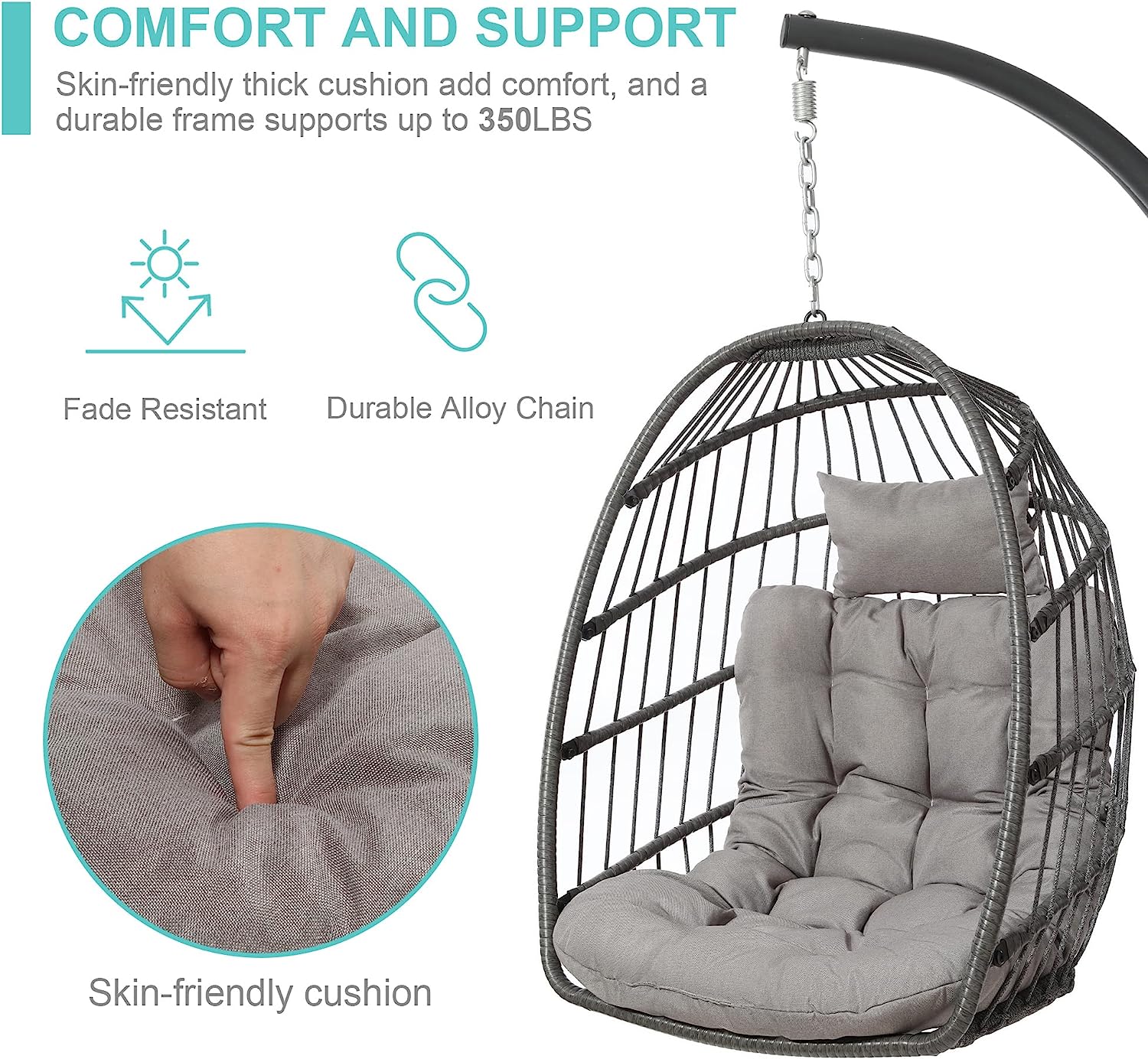 SWITTE Hanging Egg Chair with Stand, Egg Swing Hammock Chair with Stand, Indoor Outdoor Wicker Egg Chair with Cushion Headrest for Patio Bedroom Porch Garden, 350LBS Capacity(Dark Grey)