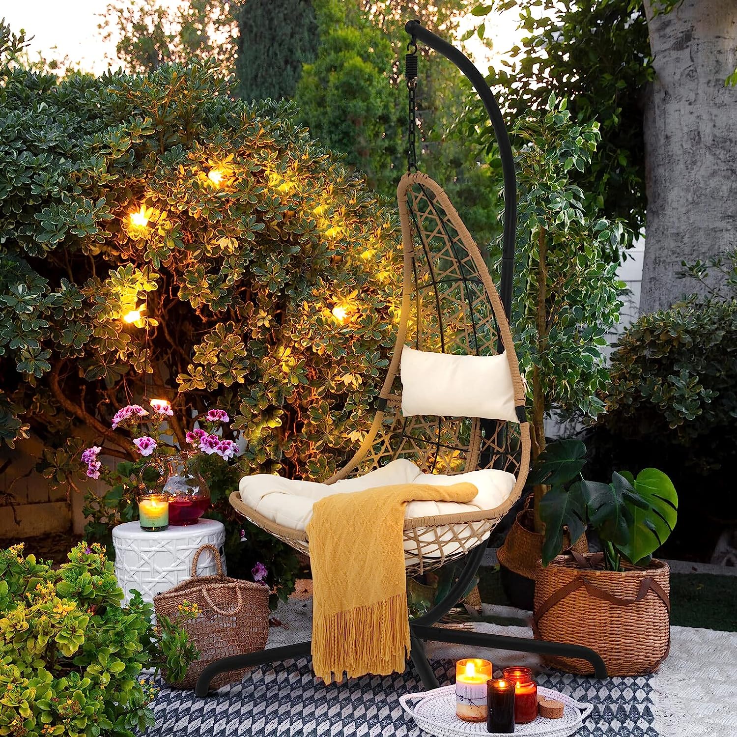 SUNSITT Swing Egg Chair Outdoor Indoor Wicker Hammock Hanging Chair Patio Lounge Chair with Stand and Cushions for Balcony, Deck, Bedroom, Grey Wicker