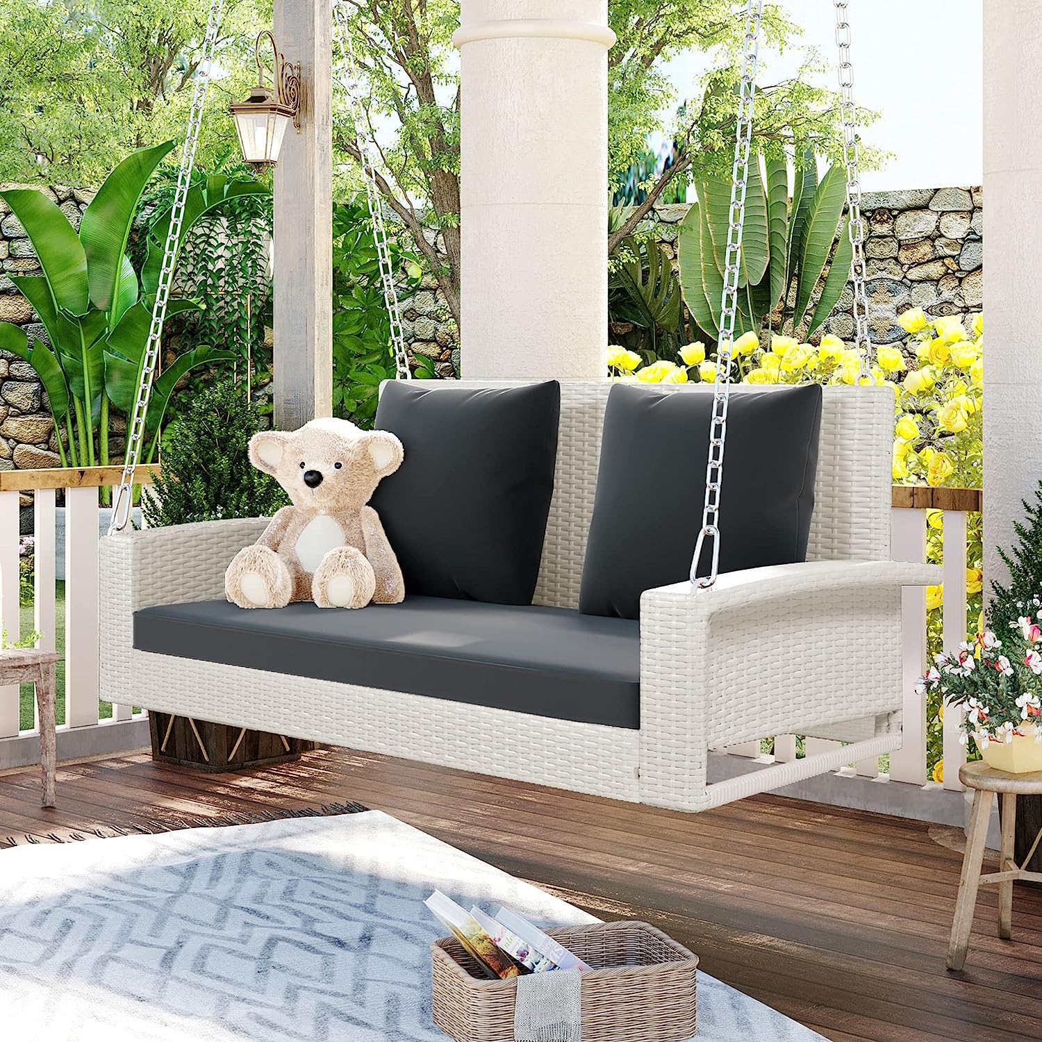 Patio 51.9” 2-Person Swing Chair,Outdoor Rattan Woven Hanging Seat with Adjustable Rope and Cushion,for Porch Lawn Garden Backyard Balconies (Black&b)