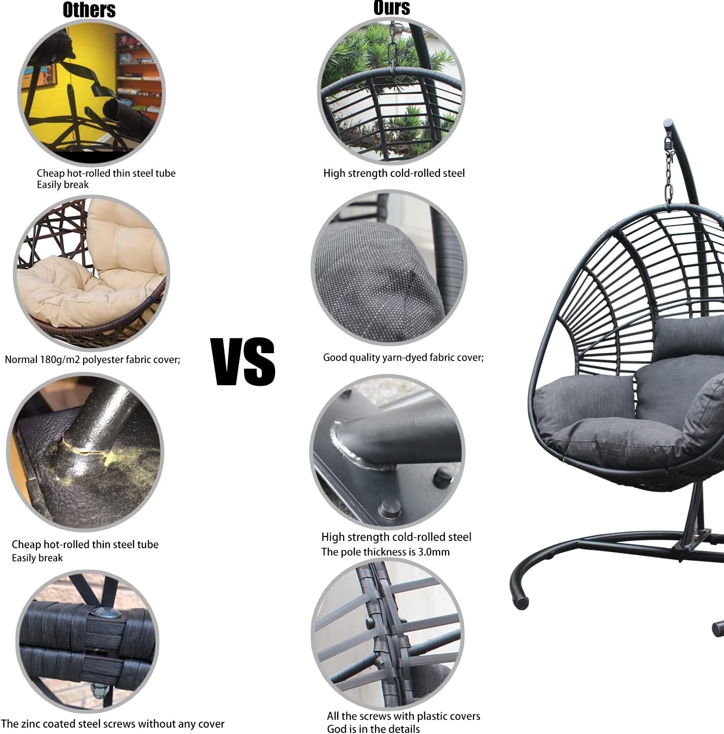 JOYBASE Hanging Egg Chair with Stand, Outdoor Wicker Rattan Egg Swing Chair with Stand and Cushion for Indoor Outdoor Bedroom Patio Garden (Grey/Black)