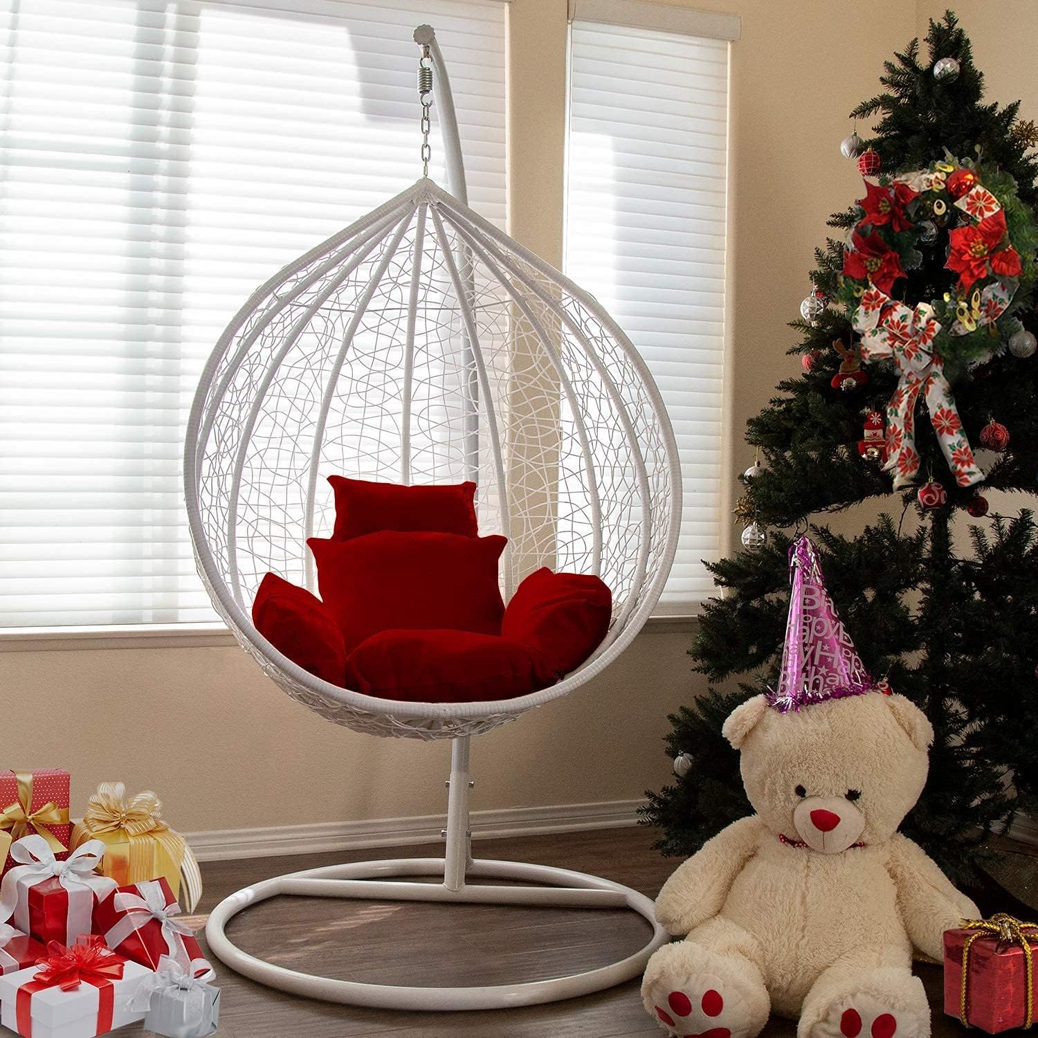 J.M.Deco Porch Swing Chair with Stand, Cushion & Pillow, Goldden Egg Rattan Wicker Swing Hanging Chair, Hammock Chair for Indoor, Outdoor, Garden, Backyard & Patio