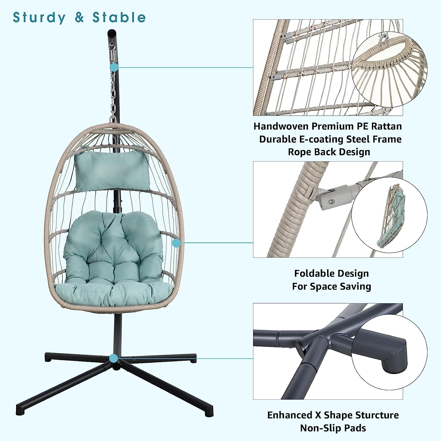 Patiorama Indoor Outdoor Egg Swing Chair with Stand, Patio Grey Wicker Rattan Hanging Chair with Rope Back, Cushion,Cover,All Weather Foldable Hammock Chair for Bedroom, Garden (Light Grey)