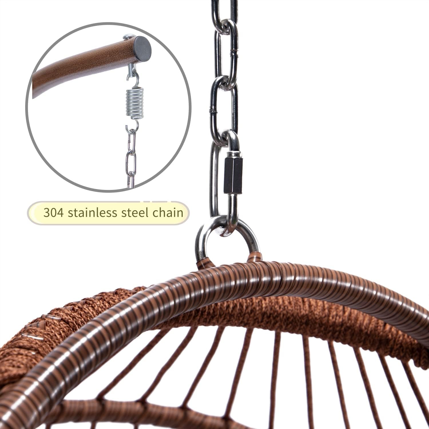 in Door Outdoor Patio Wicker Hanging Chair Swing Chair Patio Egg Chair UV Resistant Beige Cushion Aluminum Frame (Brown)