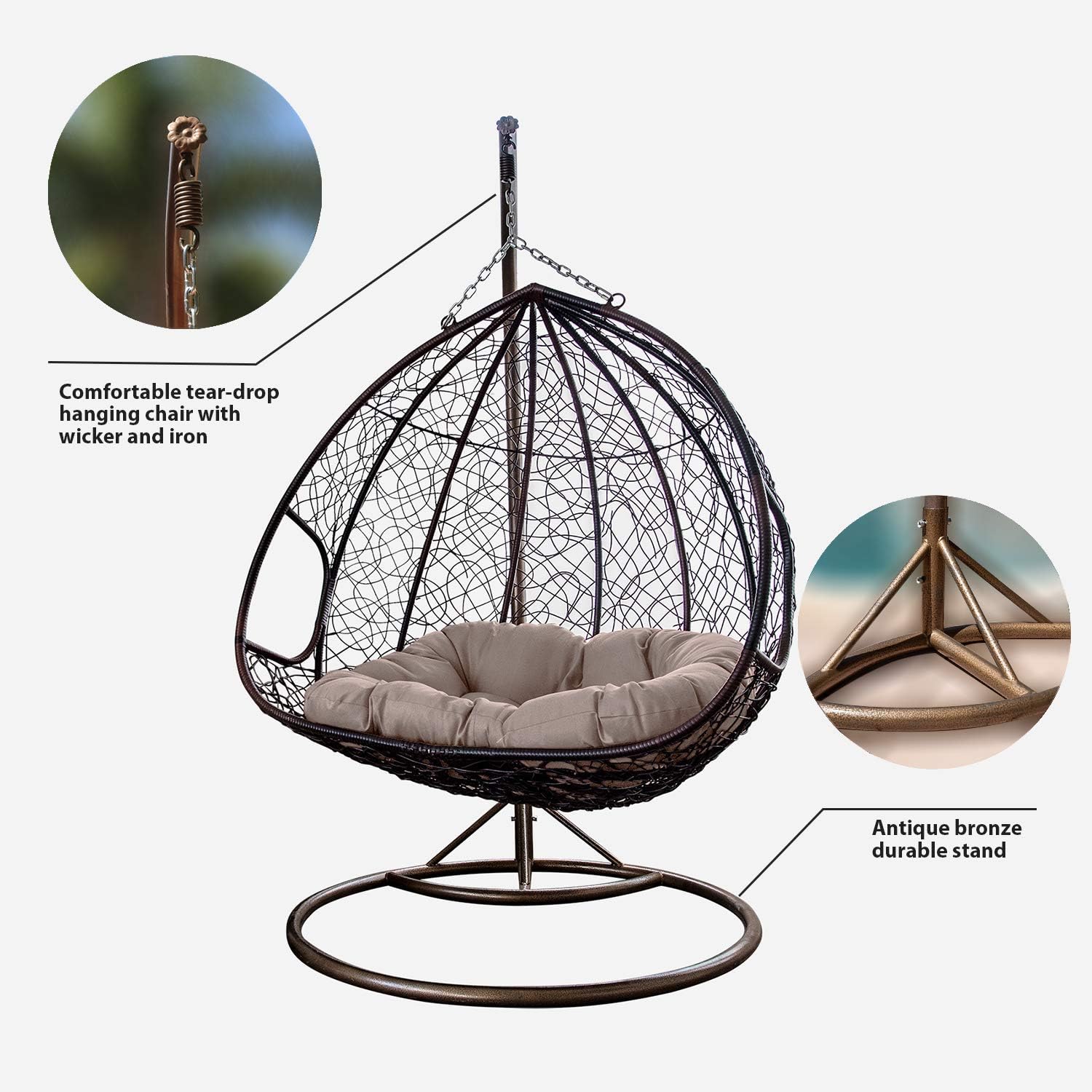 J.M.Deco Porch Swing Chair with Stand, Cushion & Pillow, Goldden Egg Rattan Wicker Swing Hanging Chair, Hammock Chair for Indoor, Outdoor, Garden, Backyard & Patio