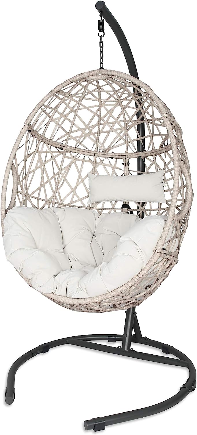Iwicker Outdoor Rattan Egg Hanging Swing Chair with Cushions and Stand (Beige)