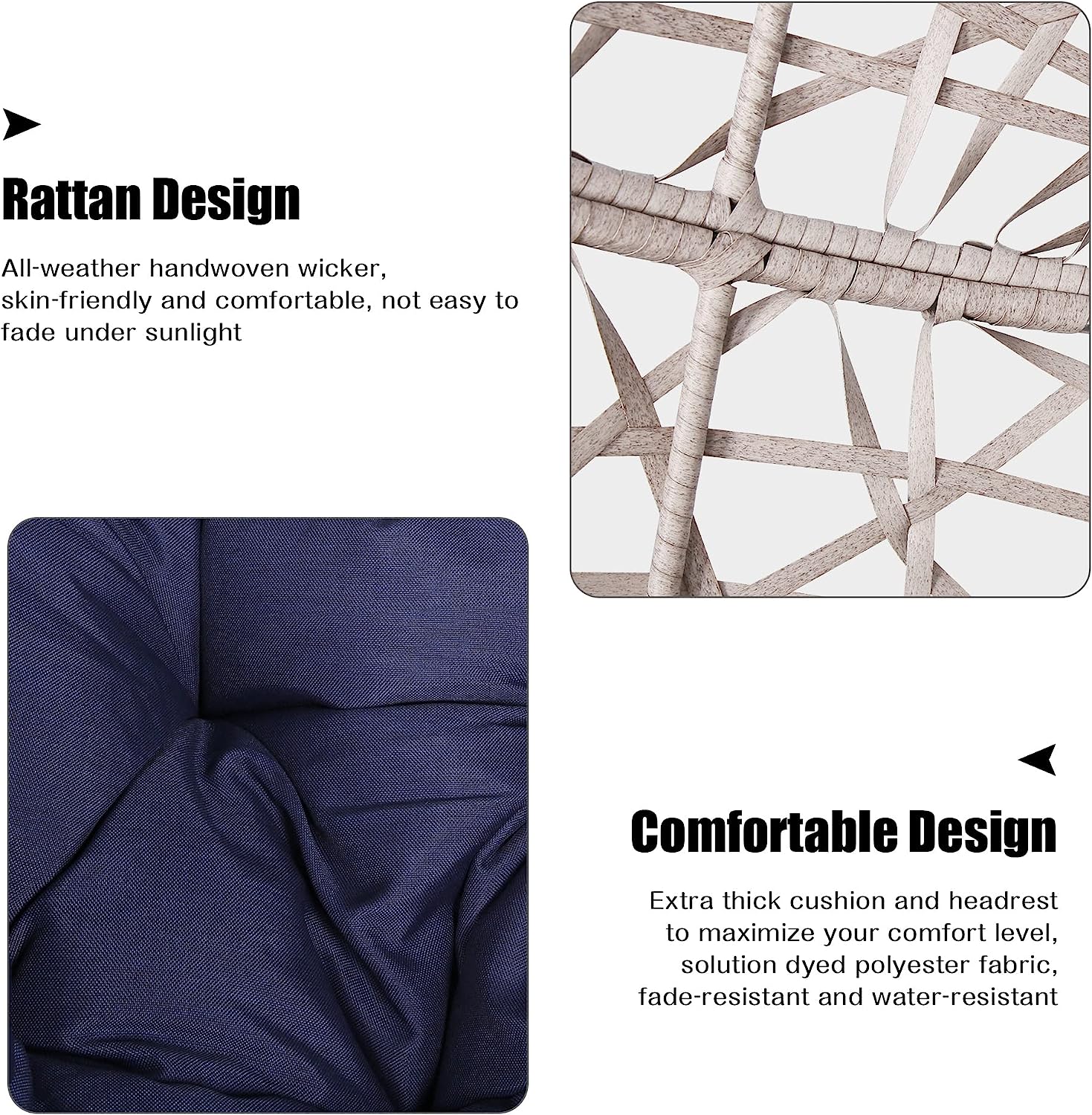 Iwicker Outdoor Rattan Egg Hanging Swing Chair with Cushions and Stand (Beige)