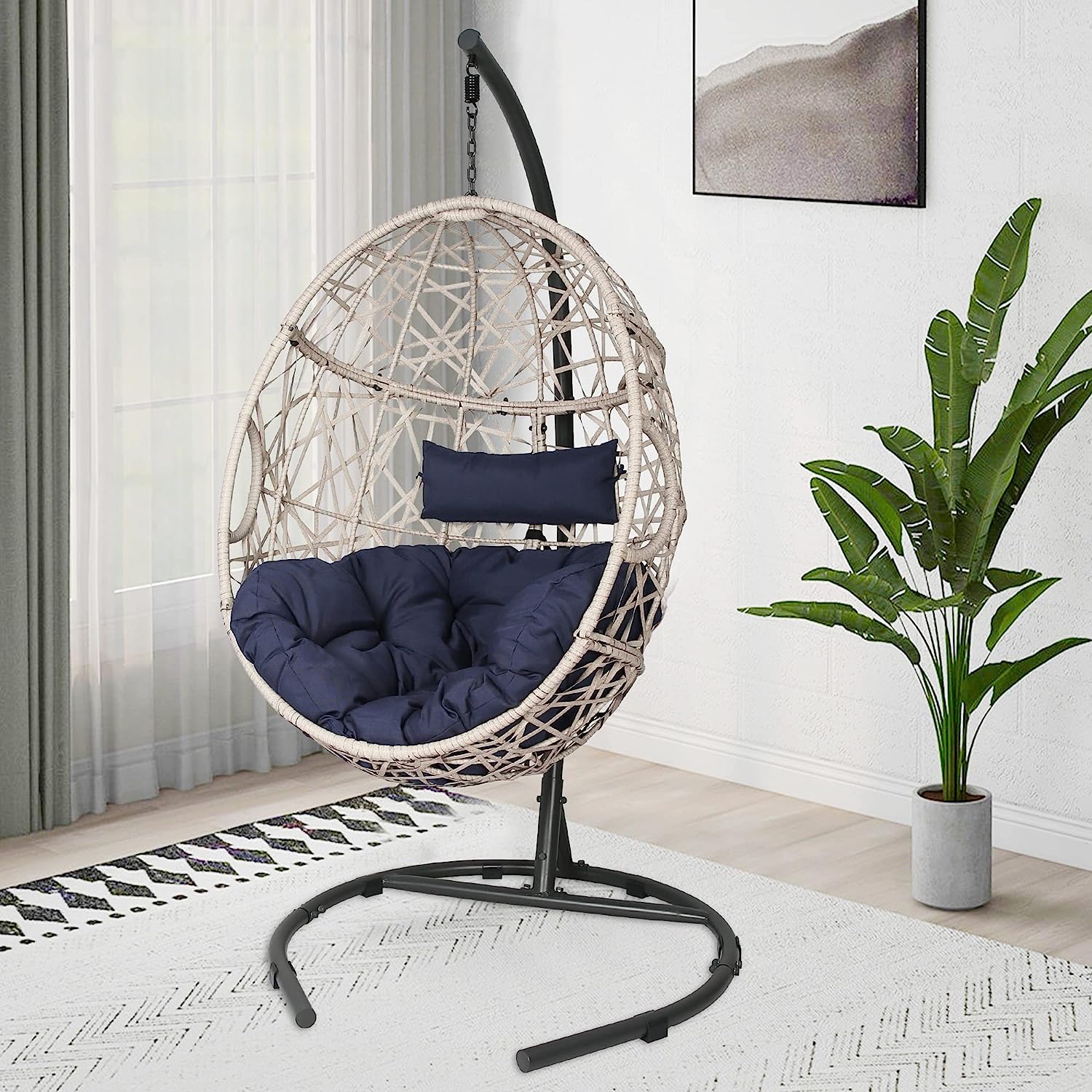 Iwicker Outdoor Rattan Egg Hanging Swing Chair with Cushions and Stand (Beige)