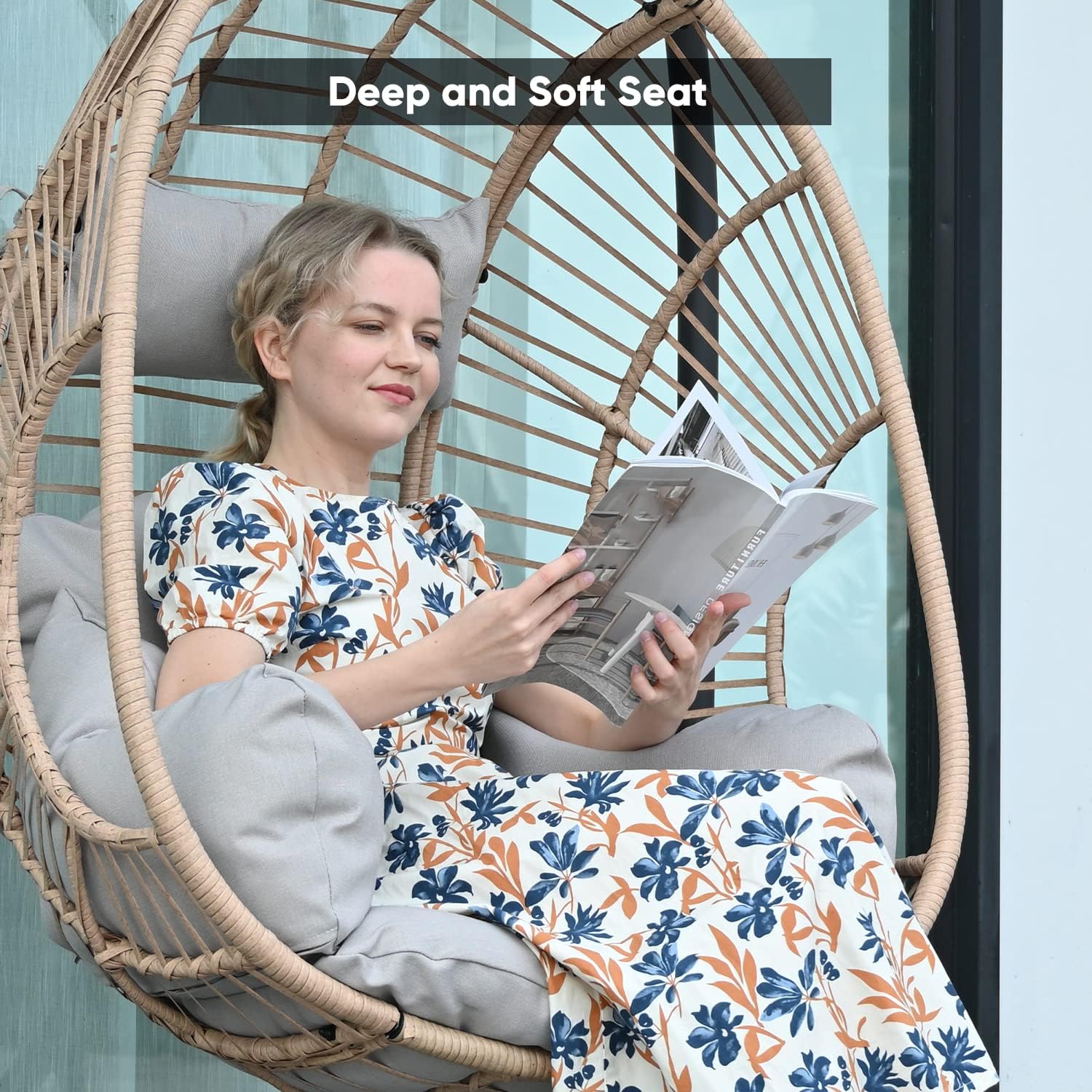 JOYBASE Hanging Egg Chair with Stand, Outdoor Wicker Rattan Egg Swing Chair with Stand and Cushion for Indoor Outdoor Bedroom Patio Garden (Grey/Black)