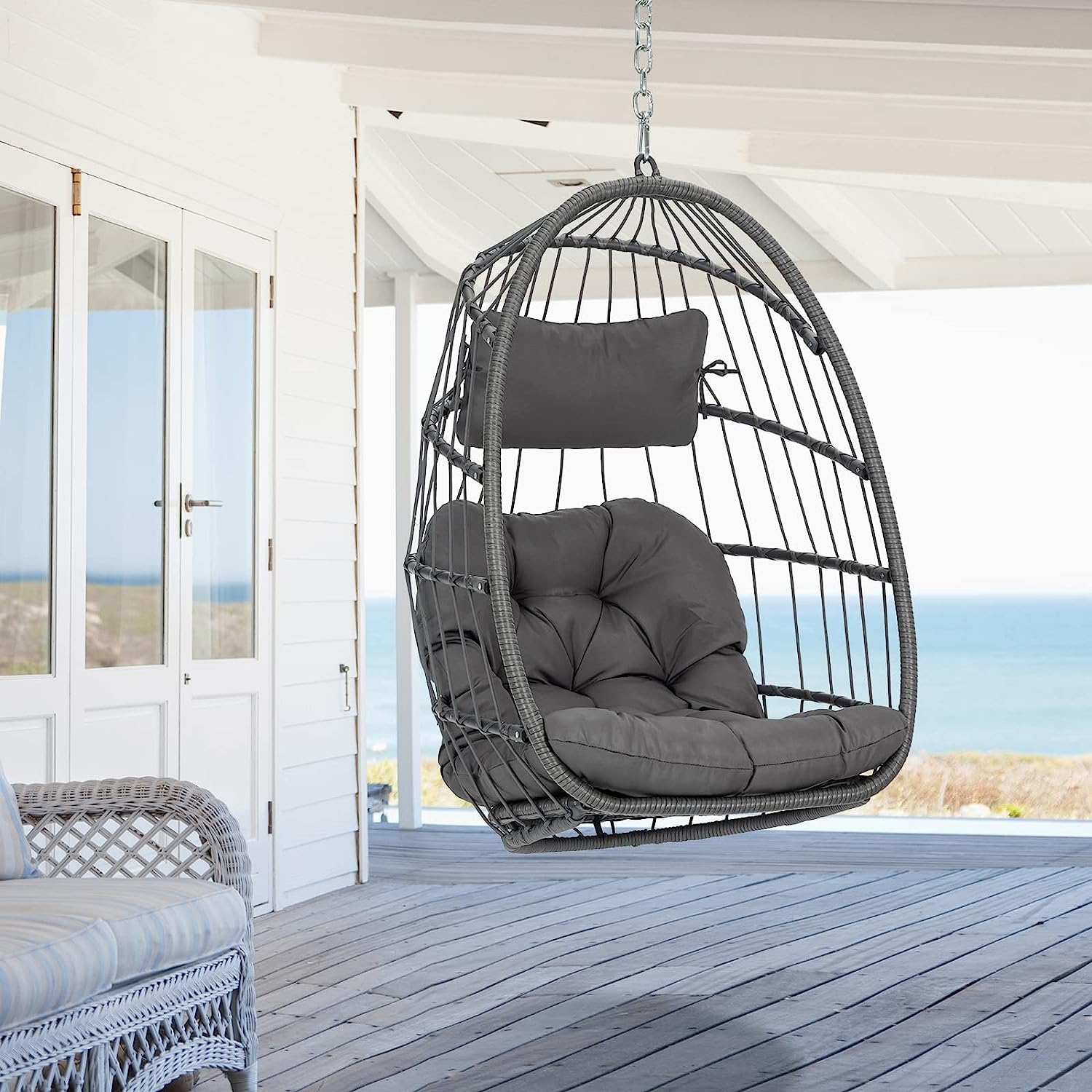 Hanging Egg Chair Without Stand - Foldable Indoor Outdoor Wicker Rattan Swing Egg Chair with Hanging Chain Hammock Chair - UV Resistant Cushions & Aluminum Frame for Bedroom Patio Camping (Grey)