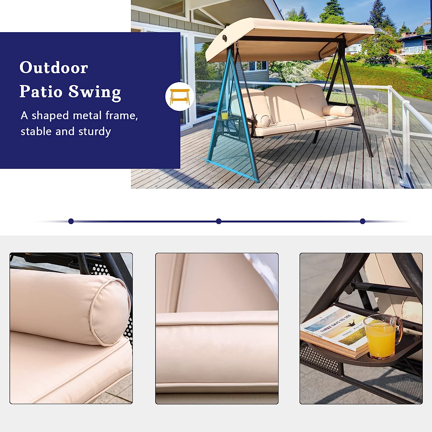 NOBLEMOOD Outdoor Porch Swing with Stand and Canopy, 3 Seat Freestanding Metal Porch Swing Bed with Cushions and Cup Trays for Backyard Outside Deck Lawn (Wine Red)