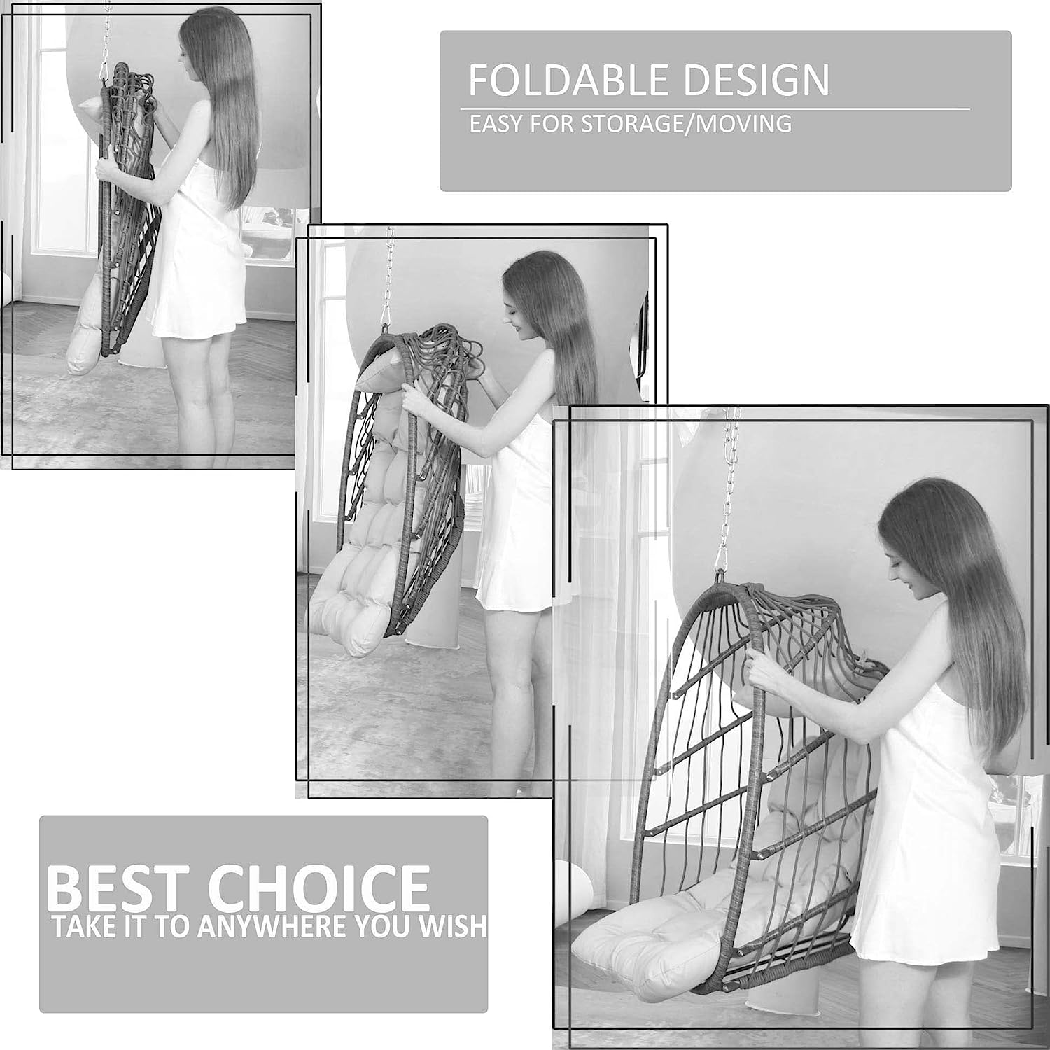 Indoor Outdoor Patio Wicker Hanging Chair Swing Egg Basket Chairs with Stand UV Resistant Cushions 350lbs Capaticy for Patio Backyard Balcony Xmas Gift