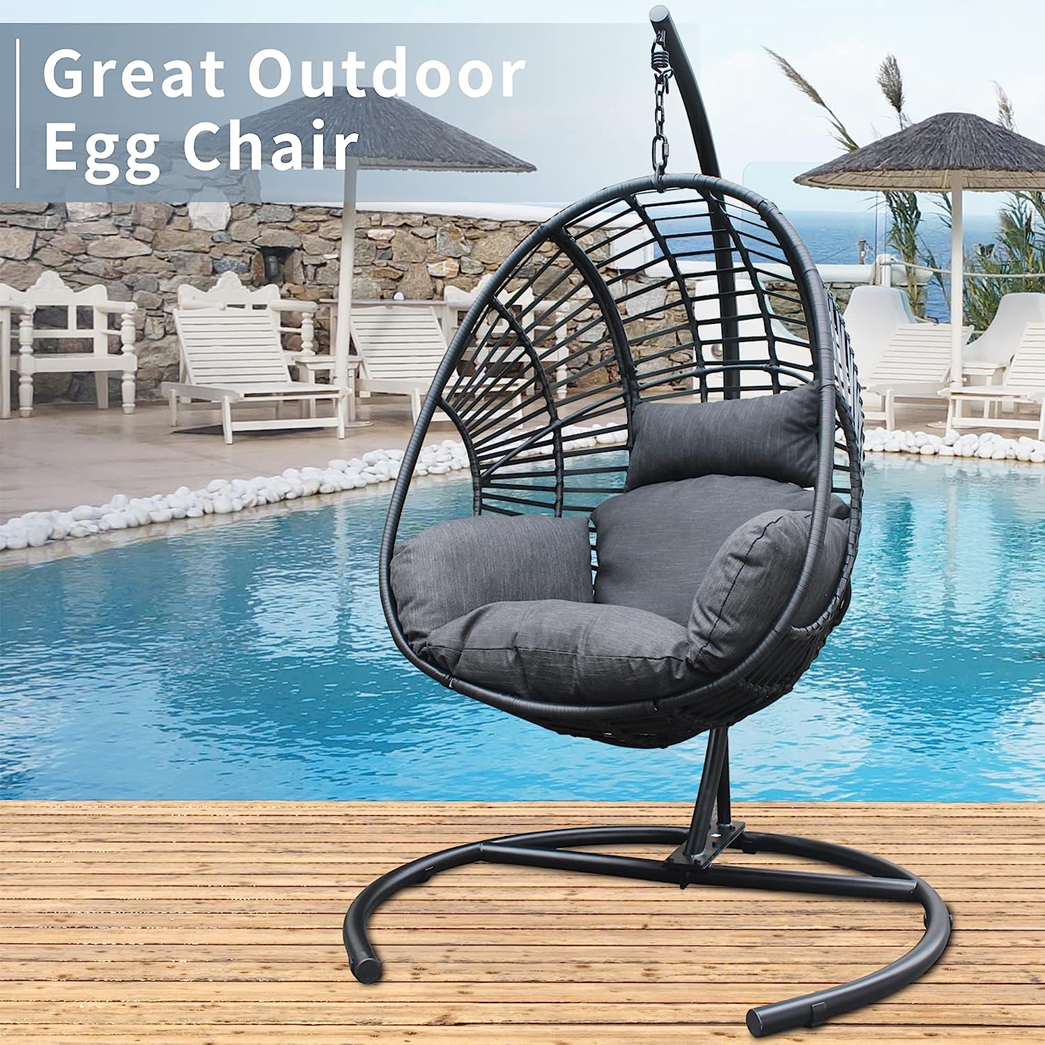 Olela Wicker Egg Swing Chair with Stand Indoor Outdoor,Hanging Egg Chair with Cushion and Pillow,Basket Chair for Bedroom,Living Room or Patio Garden (Natural-Round Base)