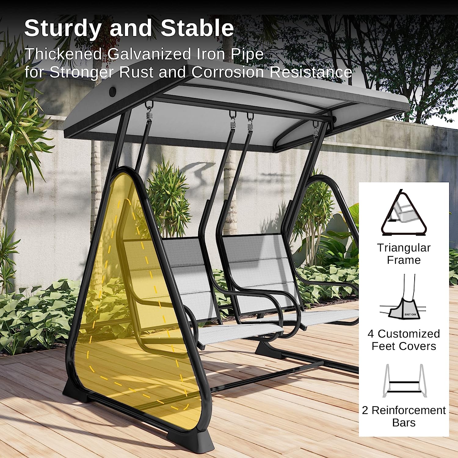 EAST OAK 2-Person Outdoor Patio Swing Chair with Adjustable Canopy, Porch Swing with Comfortable and Breathable Seats, Independent Swing Chairs for Garden, Balcony, Backyard, Chestnut Brown