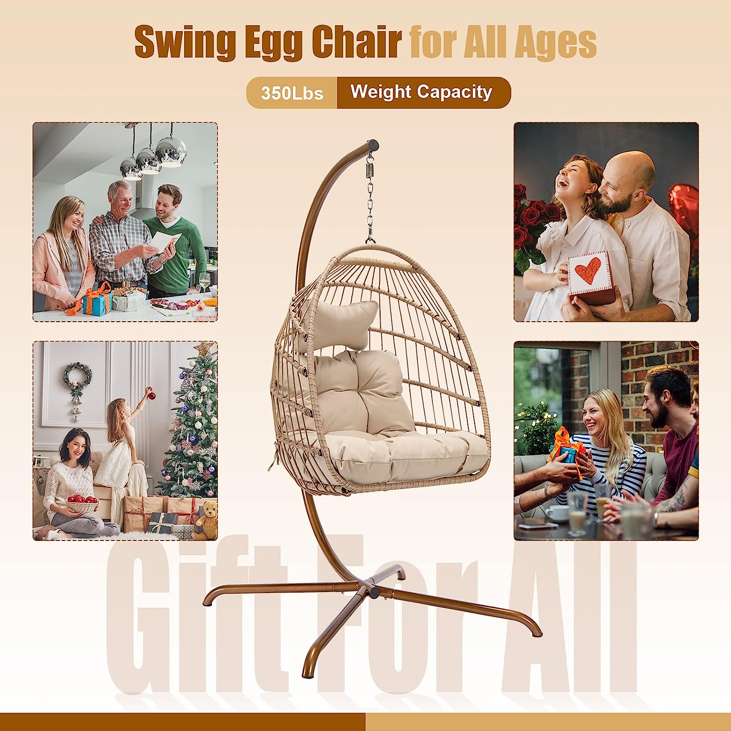Swing Egg Chair with Stand Indoor Outdoor Wicker Rattan Patio Basket Hanging Chair with UV Resistant Cushions 350lbs Capaticy for Bedroom Balcony Patio (Cream)