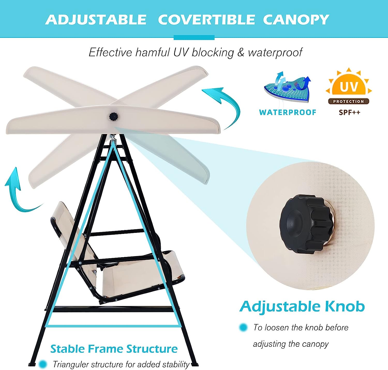 AECOJOY 3-Seat Outdoor Porch Swing with Adjustable Backrest and Canopy, Patio Swing w/Removable Cushions Outdoor Swing Bed for Porch, Backyard, Poolside, Beige