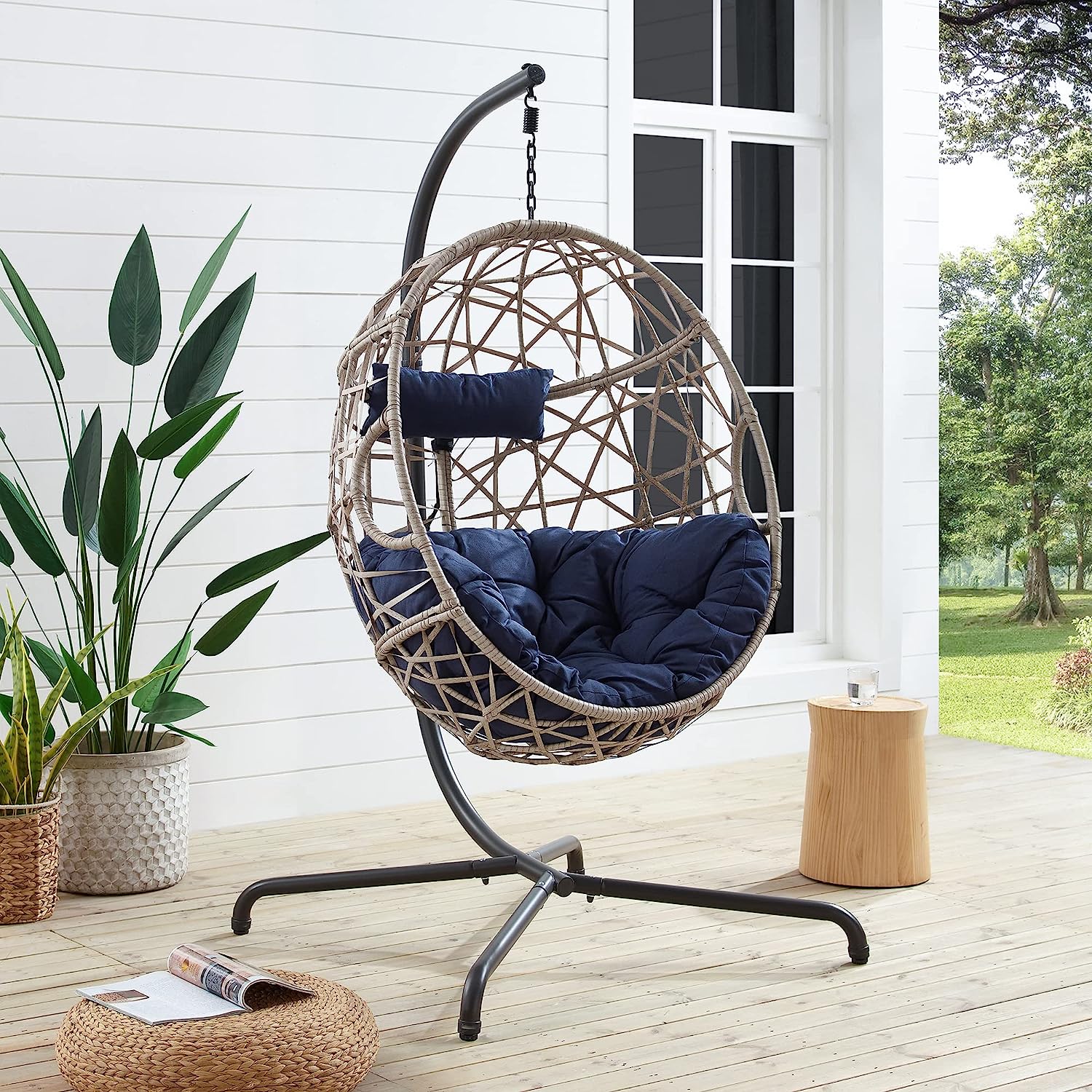 Ulax Furniture Egg Chair, Hanging Swing Chair with Stand, Hanging Lounge Chair, Outdoor Patio Wicker Tear Drop Hammock Chair with Cushion (Navy)
