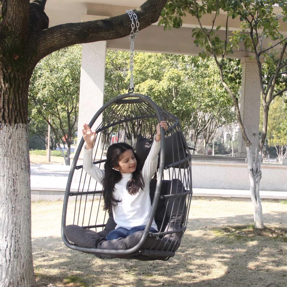 Indoor Outdoor Patio Wicker Hanging Chair Swing Egg Basket Chairs with Stand UV Resistant Cushions 350lbs Capaticy for Patio Backyard Balcony Xmas Gift