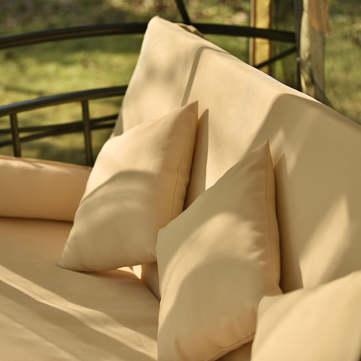 Campfun Outdoor Gazebo Swing, 3-Seat Patio Swing Chair, Outdoor Swing Bed, Outdoor Swing with Canopy, Netting Curtains, Side Trays, Canopy Swing for Garden, Poolside Backyard - 8.9x5.9 Ft, Beige