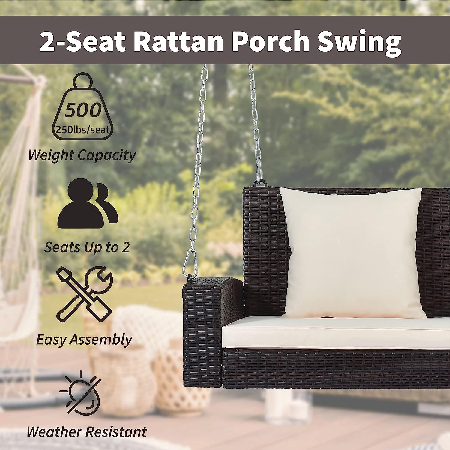 Patio 51.9” 2-Person Swing Chair,Outdoor Rattan Woven Hanging Seat with Adjustable Rope and Cushion,for Porch Lawn Garden Backyard Balconies (Black&b)