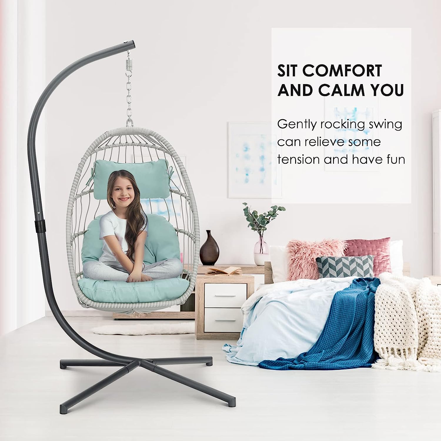 Brafab Swing Egg Chair, Hammock Chair, Hanging Chair, Aluminum Frame and UV Resistant Cushion with Steel Stand, Indoor Outdoor Patio Porch Lounge Bedroom Hand Made Wicker Rattan Chair, 350LBS Capacity