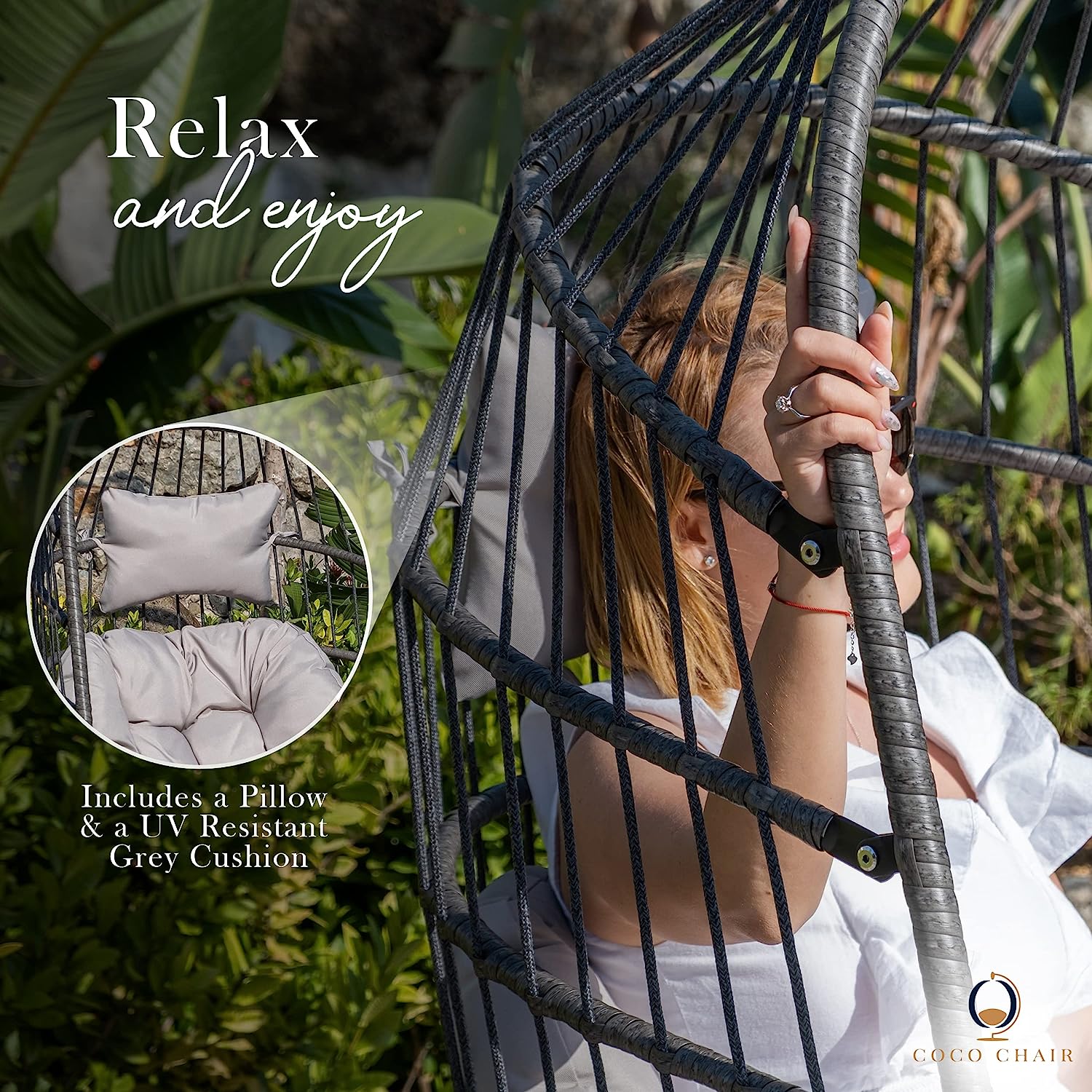Coco Chair Hanging Egg Chair with Stand & Leg Rest | Gray Egg Chair Outdoor with Included Pillow | Swinging Chair for Outdoor and Indoor| Foldable Egg Chair | Perfect Swing Chair for Summer